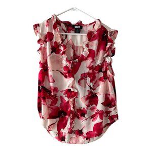 DKNY Red Floral Ruffle Sleeveless Blouse – Size XL